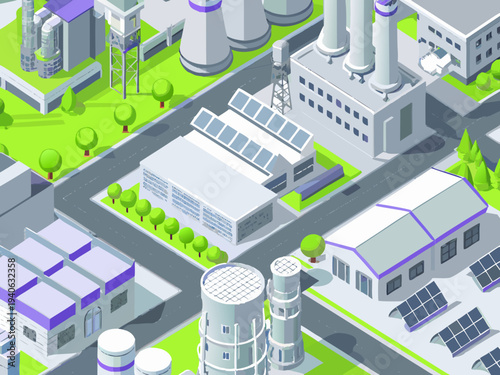 Isometric illustration of a modern industrial complex with solar panels