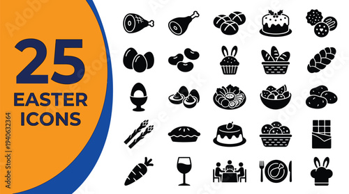 Collection of twenty-five black and white Easter food icons.