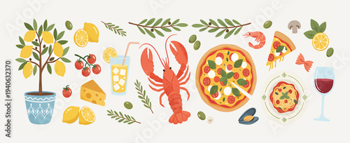 Italy Vibes Vector Set with Pizza, Lemons, Limoncello, Lobster, Sardines, Olive Branches and more. Hand Drawn Colorful Illustration