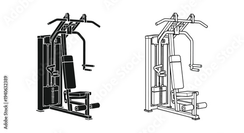 Two views of a weight machine depicted in a striking silhouette