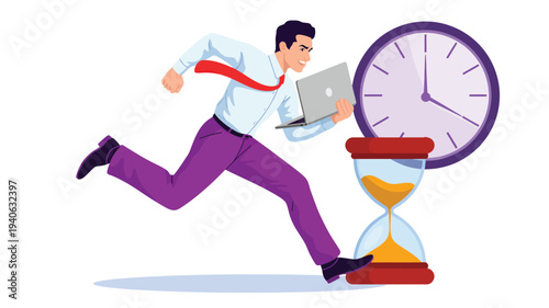 Businessman running with laptop against time, deadline pressure and time management concept with clock and hourglass illustration
