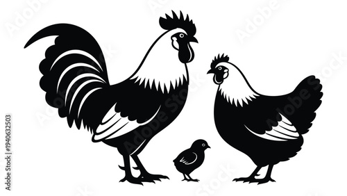 A rooster and hen with a chick