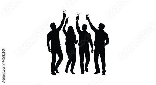 Four people raising glasses in a celebratory toast black silhouette