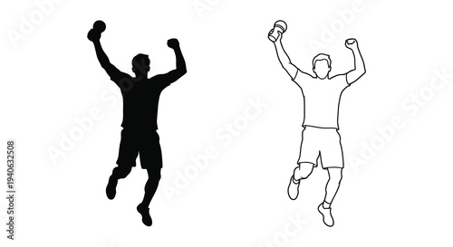 Two men celebrating with raised arms a dark and light outline silhouette