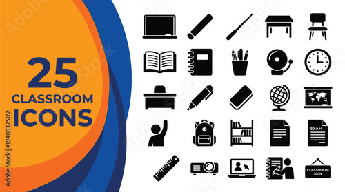 Twenty-five classroom icons depict essential educational.