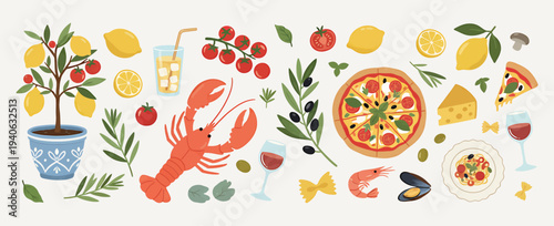 Italy Vibes Vector Set with Pizza, Lemons, Limoncello, Lobster, Sardines, Olive Branches and more. Hand Drawn Colorful Illustration