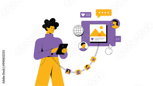 Social media marketing concept with woman managing content on smartphone, digital communication network and online engagement illustration