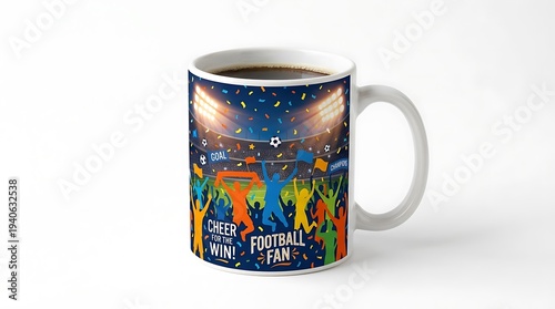 Vibrant football fan mug with colorful stadium design and cheerful graphics