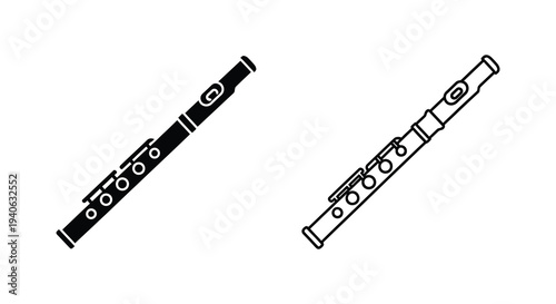 Two black flute illustrations with distinct key designs a graphic silhouette