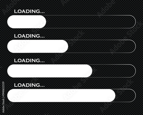 Minimal loading progress bar interface on dark background. Download status indicator with multiple completion stages. Clean UI element for application dashboard, web interface, and digital workflow mo