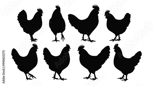 Seven black chickens standing in two rows