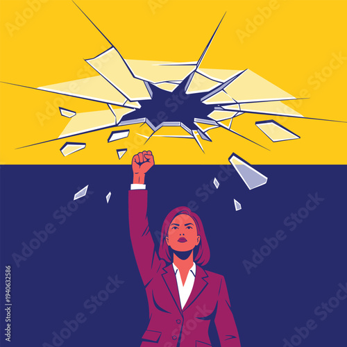 Businesswoman Breaking Glass Ceiling – Female Empowerment and Gender Equality Vector Illustration
