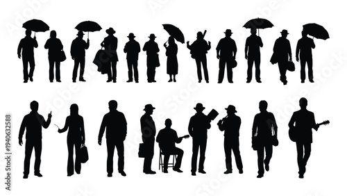 A group of people in various poses and clothing