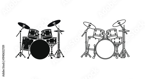 Black and white drum set illustration with two views a striking silhouette