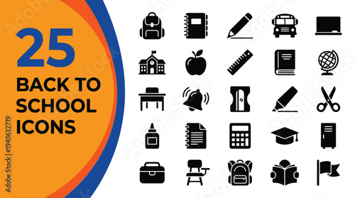 Set of twenty-five icons representing back to school concepts.