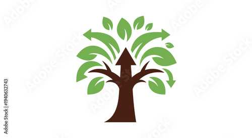 Abstract tree logo with arrows and leaves illustrating growth concept
