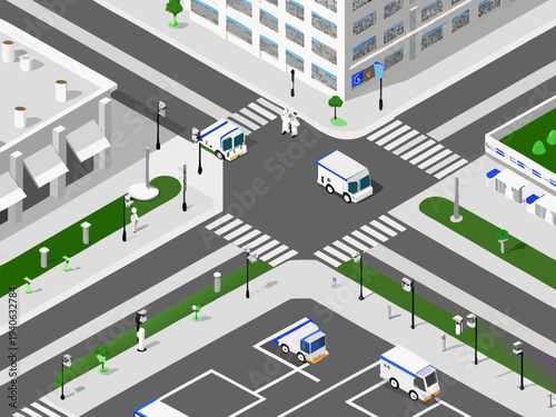 Isometric illustration of a city street with vehicles and pedestrians