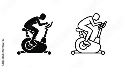 Two cyclists on exercise bikes depicted in a striking black silhouette