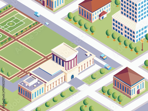 Isometric illustration of a city landscape with buildings trees and roads