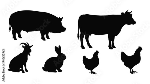 Black silhouettes of farm animals