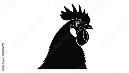 A black rooster with a large comb and wattle