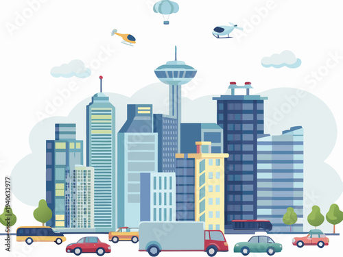A colorful illustration of a city skyline with various vehicles and aircraft