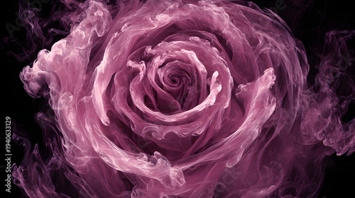 A swirling pink smoke vortex forming an elegant rose with delicate petals and luminous spiral details