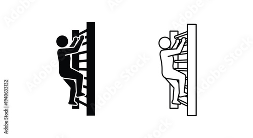 Two climbers scaling a wall depicted in a stark black and white silhouette
