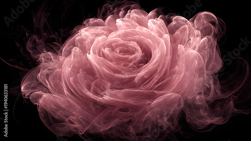 A swirling pink smoke vortex forming an elegant rose with delicate petals and luminous spiral details