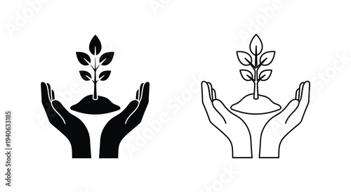 Hands cradling a seedling representing growth and care black and white silhouette