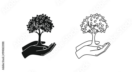 Hands cradling a small tree representing growth and care black and white silhouette