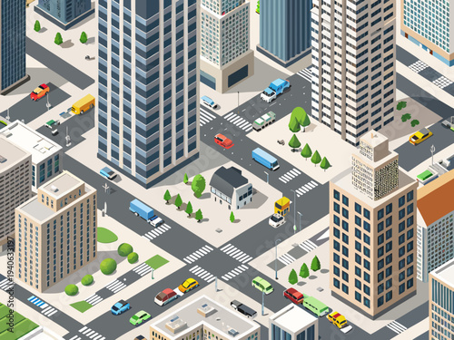 Isometric illustration of a bustling city street with modern buildings and traffic
