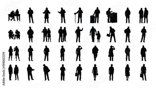 Silhouettes of people in various poses and activities
