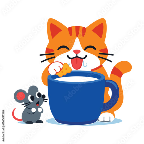 Cute orange cat dipping crunchy cookie into blue mug of milk with curious grey mouse watching scene in clean flat vector