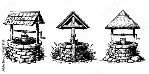 3D illustration of an old farm house and architecture featuring Vintage Water Well Wooden Village Well Black and White Hand Drawn Vector Illustration Set