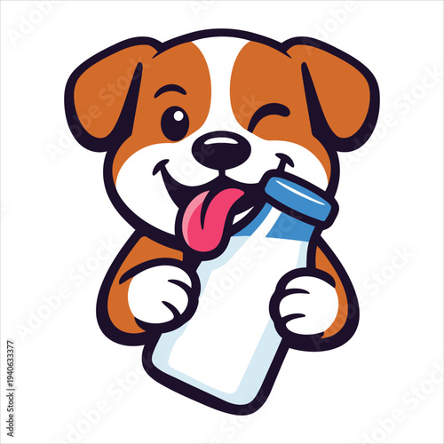 Happy brown puppy holding bottle of milk with blue cap and winking face in friendly cartoon style for children vector