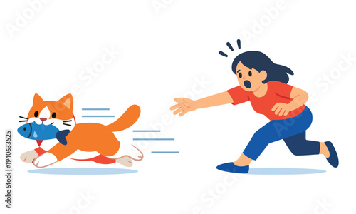 A mischievous orange and white cat is running away with a stolen blue fish in its mouth, chased by an alarmed woman