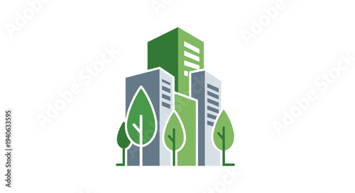 Modern buildings with green trees logo illustration for environmental protection