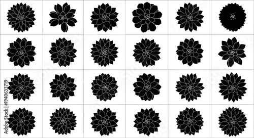 Set of 28 Black Flat Dahlia Flower Icons Vector Collection for Floral Design, Nature Graphics, and Botanical Illustrations
