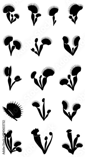Set of 15 Black Silhouette Venus Flytrap Icons Vector Collection for Nature, Botany, and Carnivorous Plant Designs