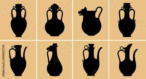 Set of 8 Ancient Greek and Roman Amphora and Pitcher Silhouettes Vector Collection for Historical and Cultural Designs