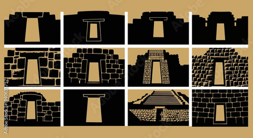 Set of 12 Ancient Civilization Temple Entrances and Pyramid Silhouettes Vector Illustrations on Brown Background, Ideal for Historical and Cultural Designs