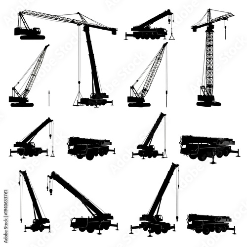 Set of 12 Black Silhouette Construction Cranes Vector Icons for Heavy Lifting and Building Industry Projects