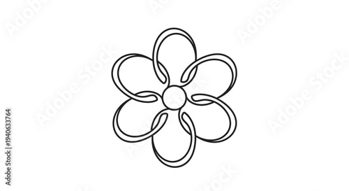 Minimalist black and white line art flower drawing. Simple graphic daisy or chamomile blossom icon design with six petals and a central circle, stylized vector illustration.