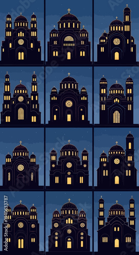 Set of 12 Dark Blue Orthodox Church Building Silhouettes with Illuminated Windows Vector Icons for Religious Architecture and Travel Design