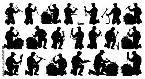 Set of 18 Black Silhouette Vector Icons of Mechanics Working on Engines, Kneeling and Holding Tools, Ideal for Industrial and Repair Service Designs