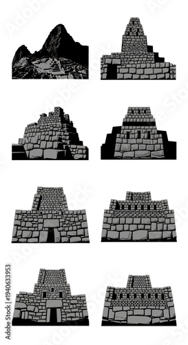 Set of 8 Ancient Inca Stone Temple and Mountain Illustrations Vector - Historical Architectural Ruins Collection for Travel and Culture Designs
