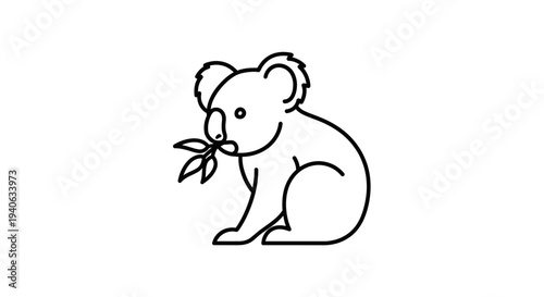 Cute koala eating eucalyptus leaves, simple black line art illustration. Australian marsupial wildlife vector icon.