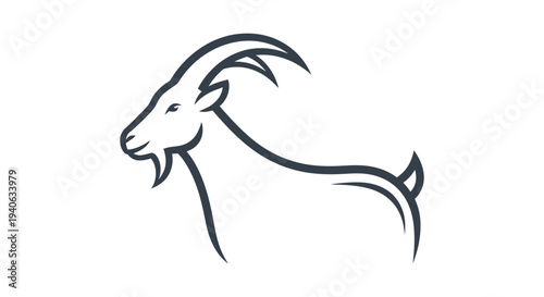 Elegant minimalist line art goat illustration in profile. Simple vector drawing of a farm animal with horns and beard.