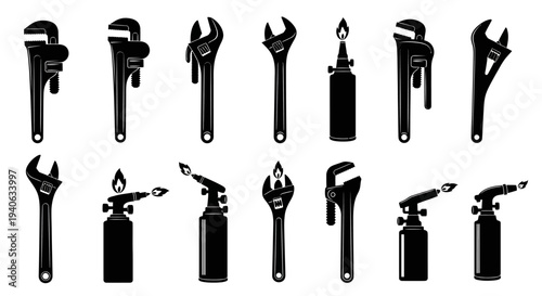 Set of 14 Black Silhouette Wrench and Blowtorch Vector Icons for Plumbing, Repair, and Industrial Maintenance Projects